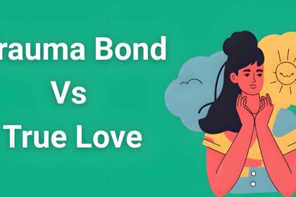 Woman looking contemplative with split image showing stormy clouds vs sunshine representing trauma bond vs true love