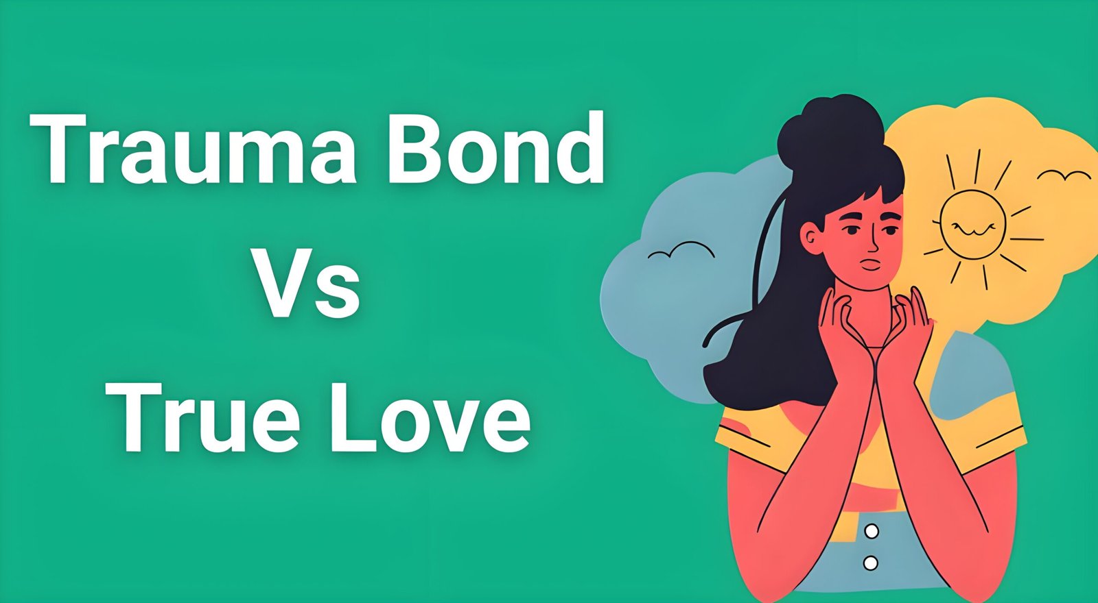 Woman looking contemplative with split image showing stormy clouds vs sunshine representing trauma bond vs true love