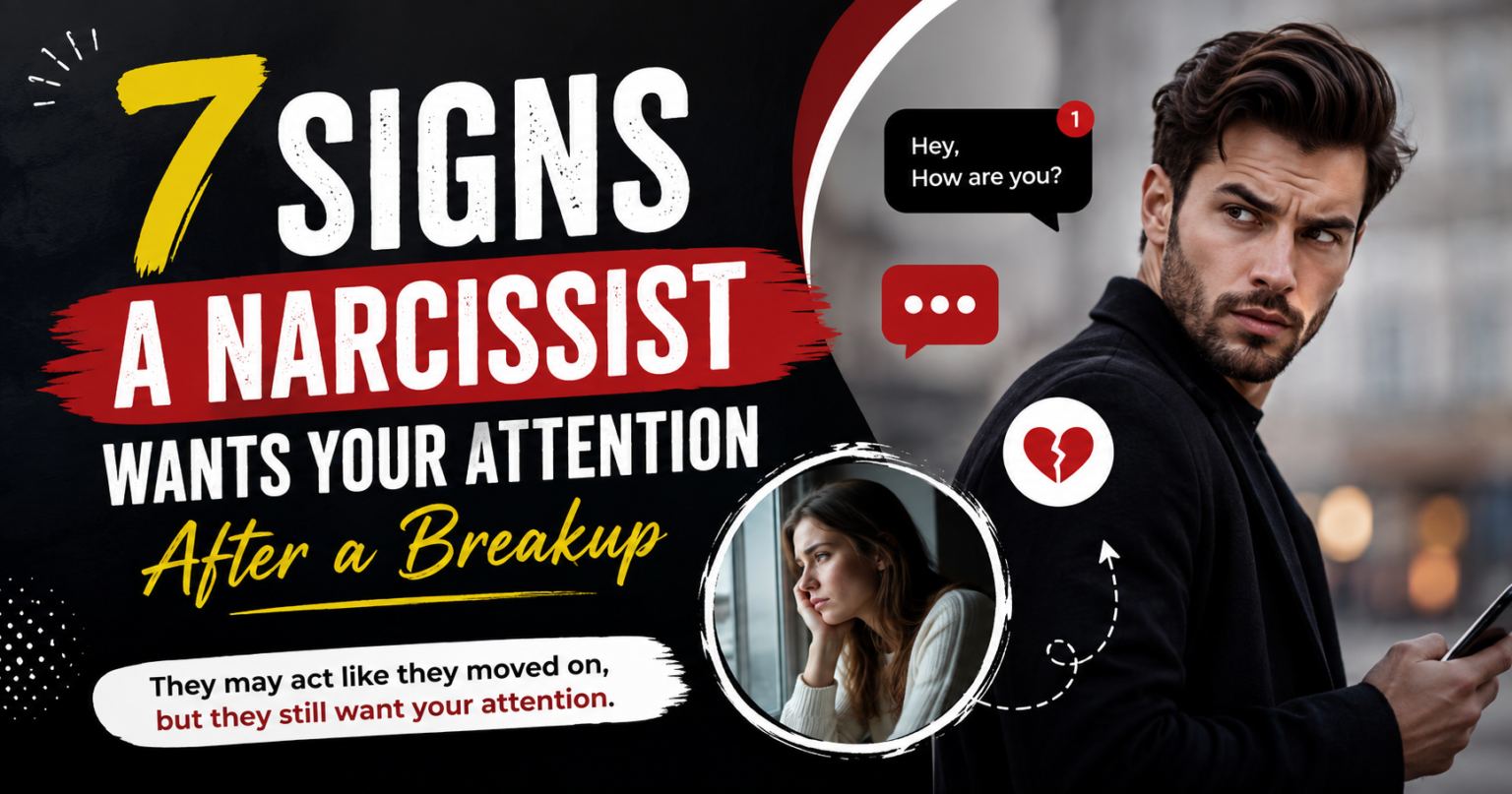7 signs a narcissist wants your attention after a breakup, showing an ex-partner checking his phone while a distressed woman looks away, illustrating post-breakup narcissistic attention-seeking behavior.