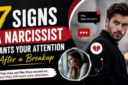 7 signs a narcissist wants your attention after a breakup, showing an ex-partner checking his phone while a distressed woman looks away, illustrating post-breakup narcissistic attention-seeking behavior.