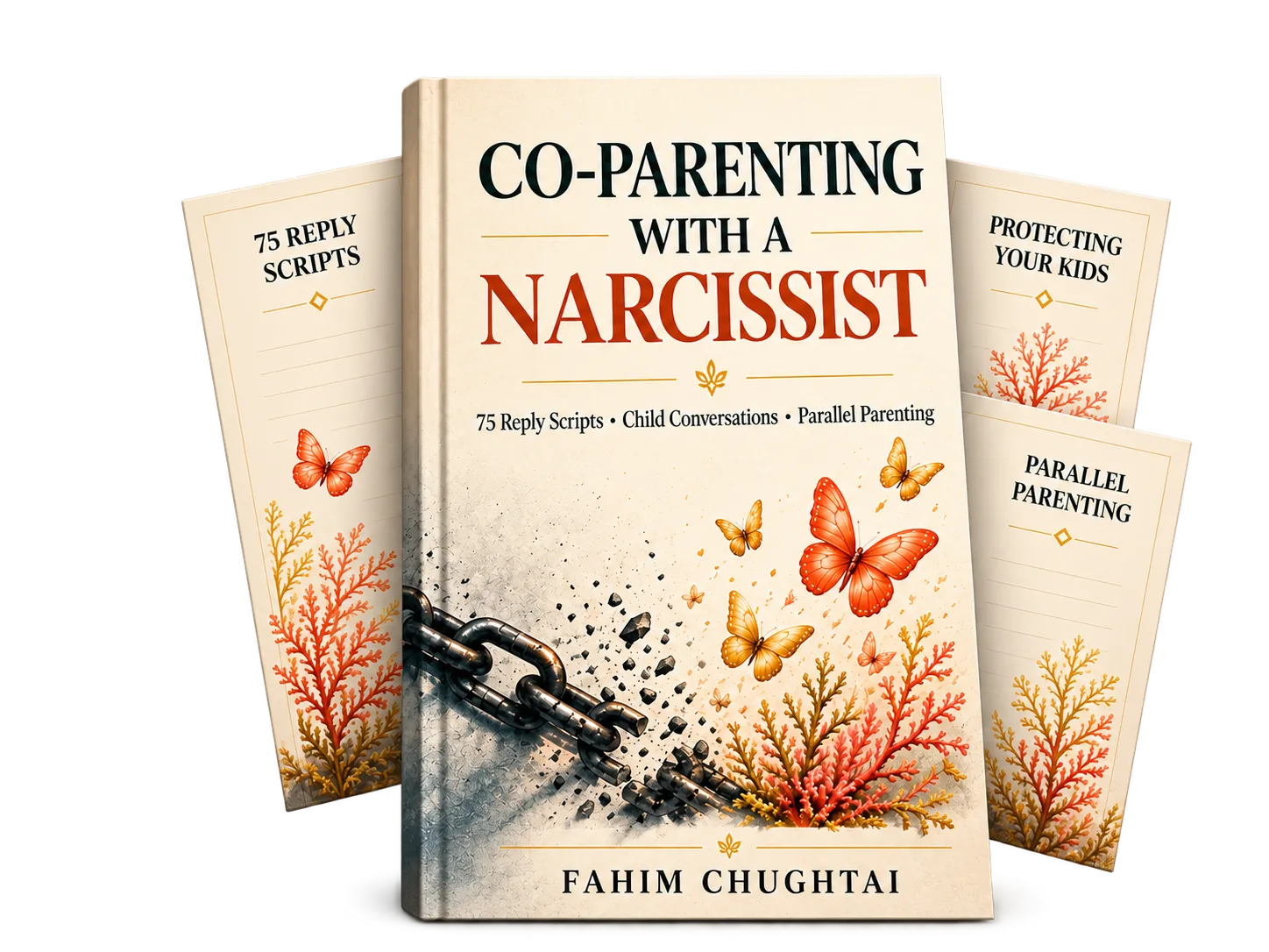 Co-Parenting With a Narcissist digital book with the 75 Reply Scripts, Protecting Your Kids, and Parallel Parenting sections fanned behind it