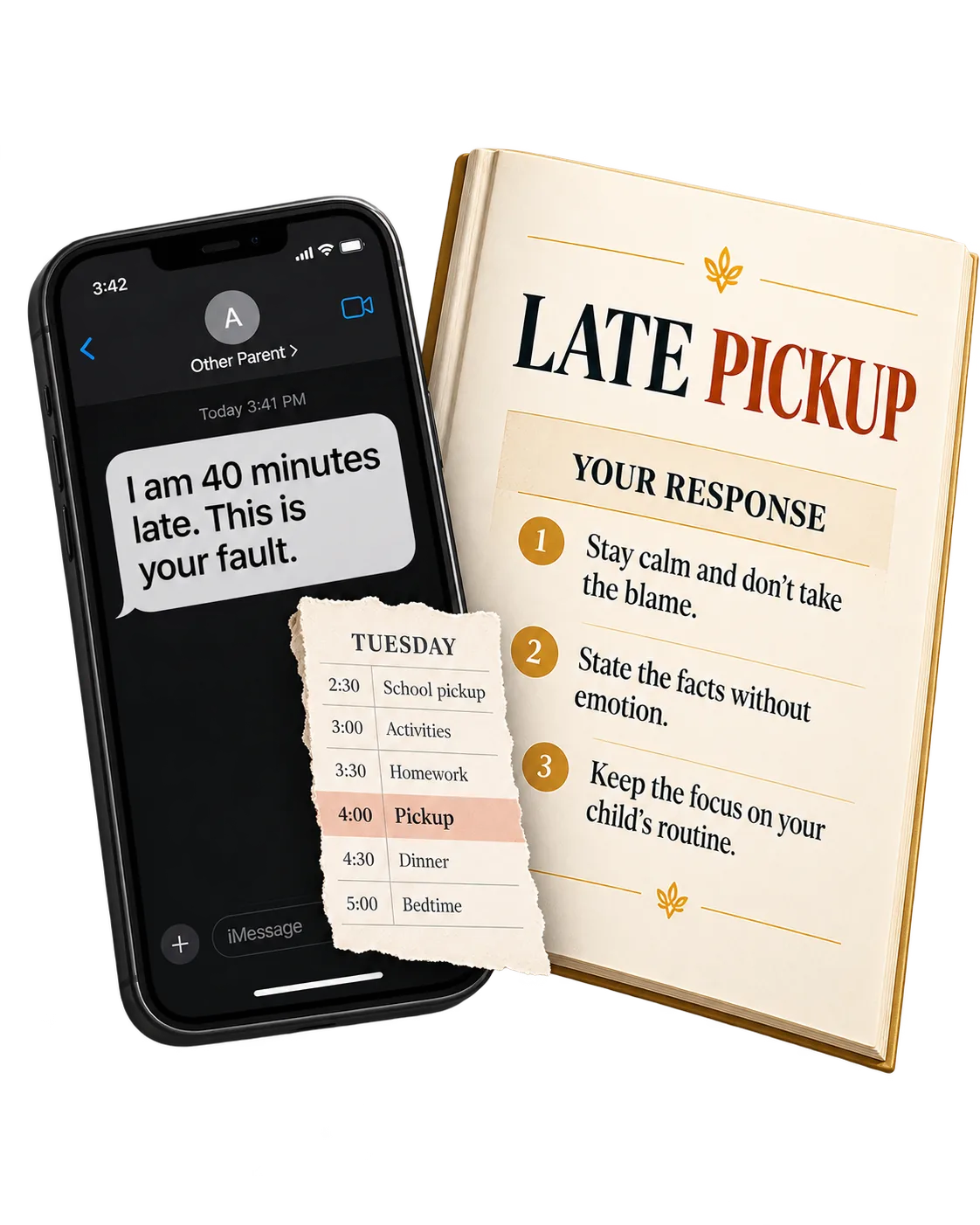 Fictional late-pickup message on a phone beside the matching Late Pickup response script page