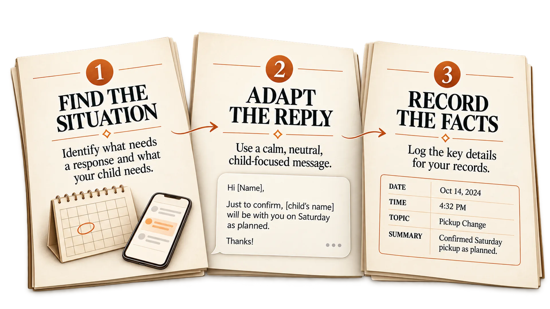 Three-step book spread showing Find the Situation, Adapt the Reply, and Record the Facts