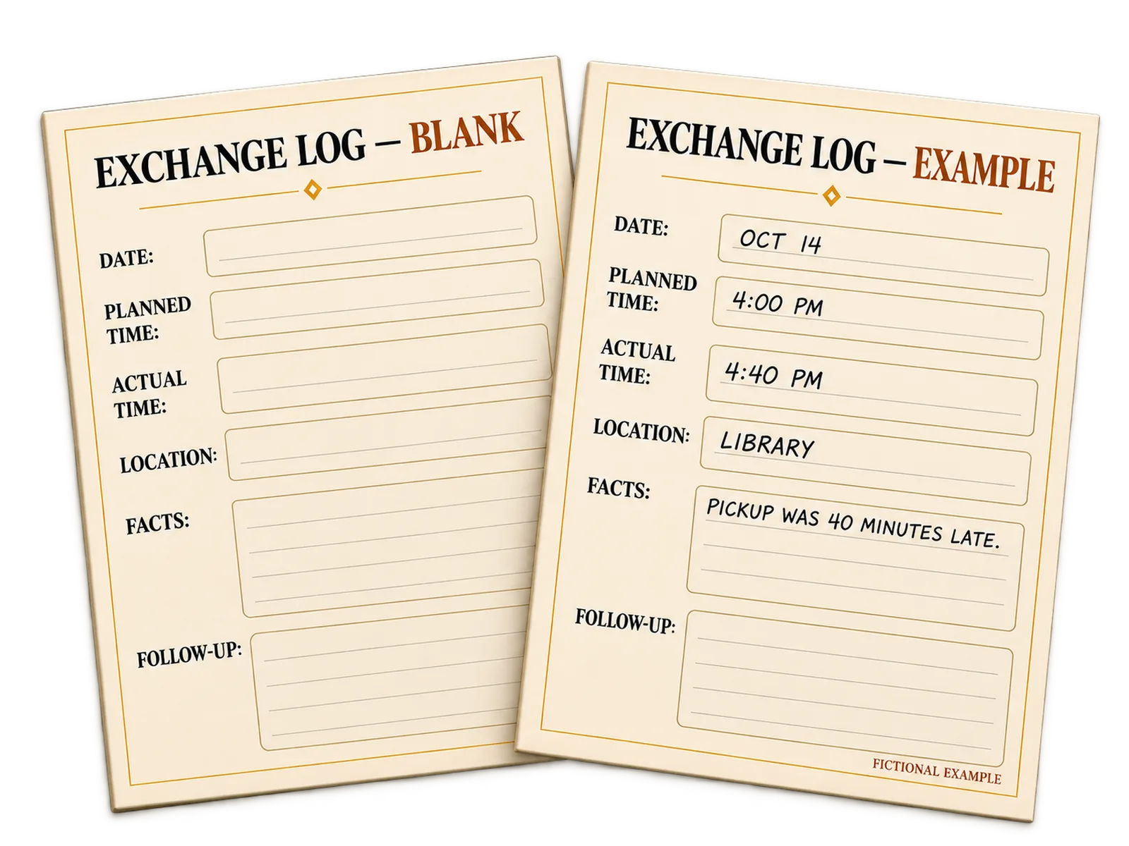 Tracking tools showing a blank exchange log beside a fictional completed example