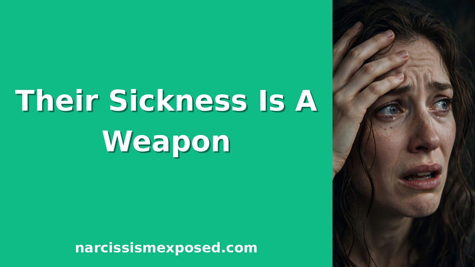 Photorealistic portrait of a distressed woman clutching her forehead, illustrating how a narcissist acts when they are sick by weaponizing illness for sympathy and control.