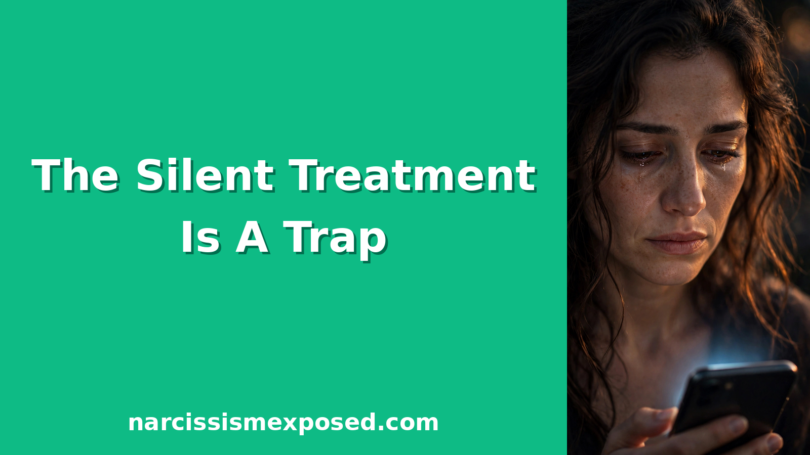 Tearful woman staring at a silent phone, showing the pain of the narcissist silent treatment and how to get a narcissist to stop ignoring you