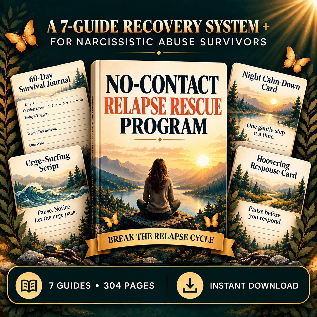 No-Contact Relapse Rescue Program box — 7 guides, 304 pages, instant download for narcissistic abuse recovery