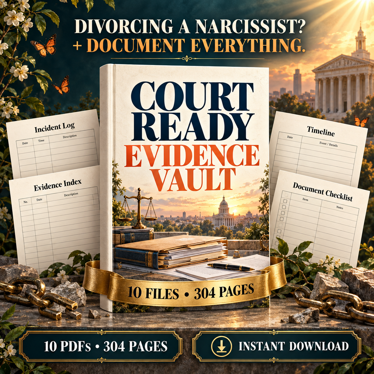 Court Ready Evidence Vault box — 10 files, 304 pages, instant download for divorcing a narcissist