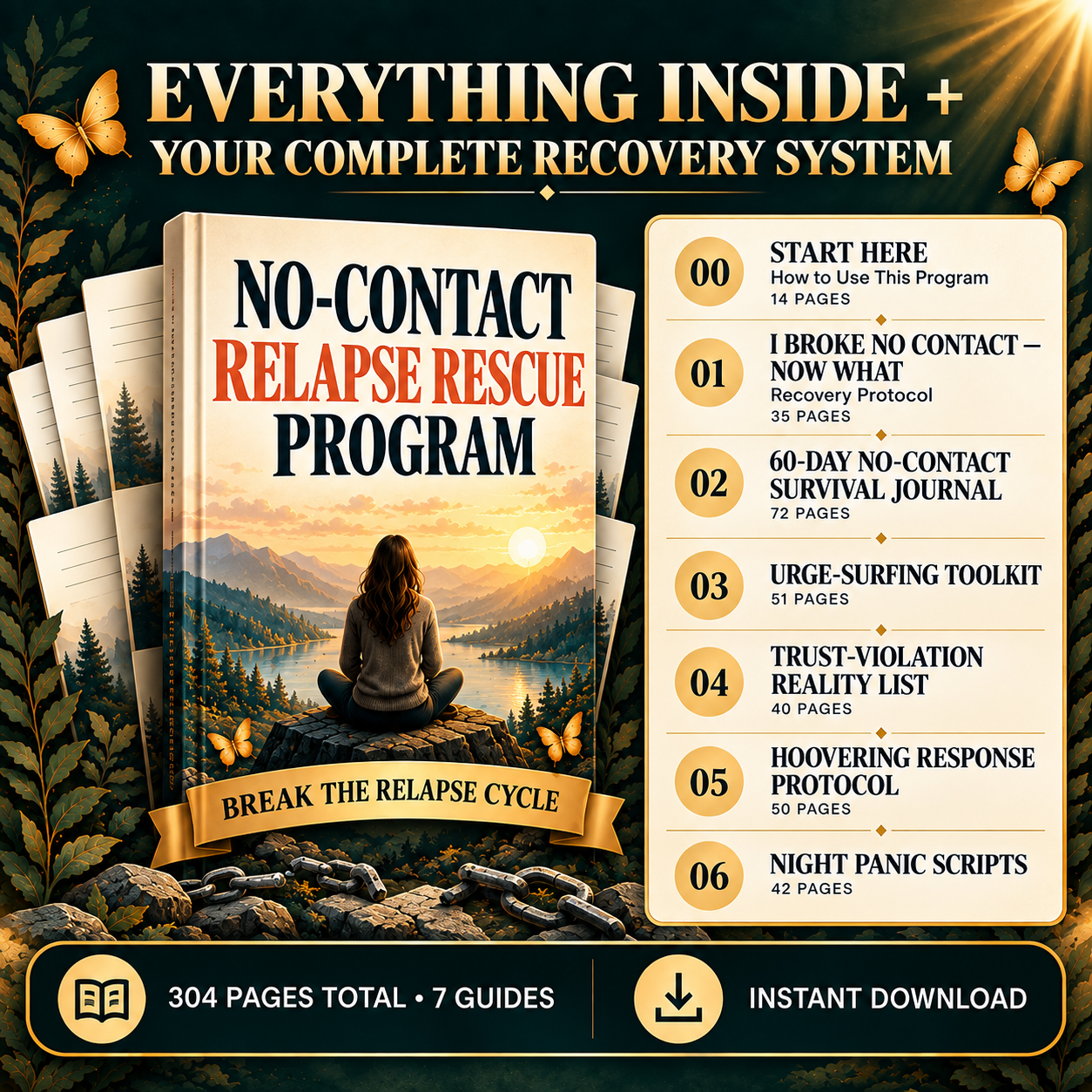What's inside the No-Contact Relapse Rescue Program — 7 guided workbooks totaling 304 pages