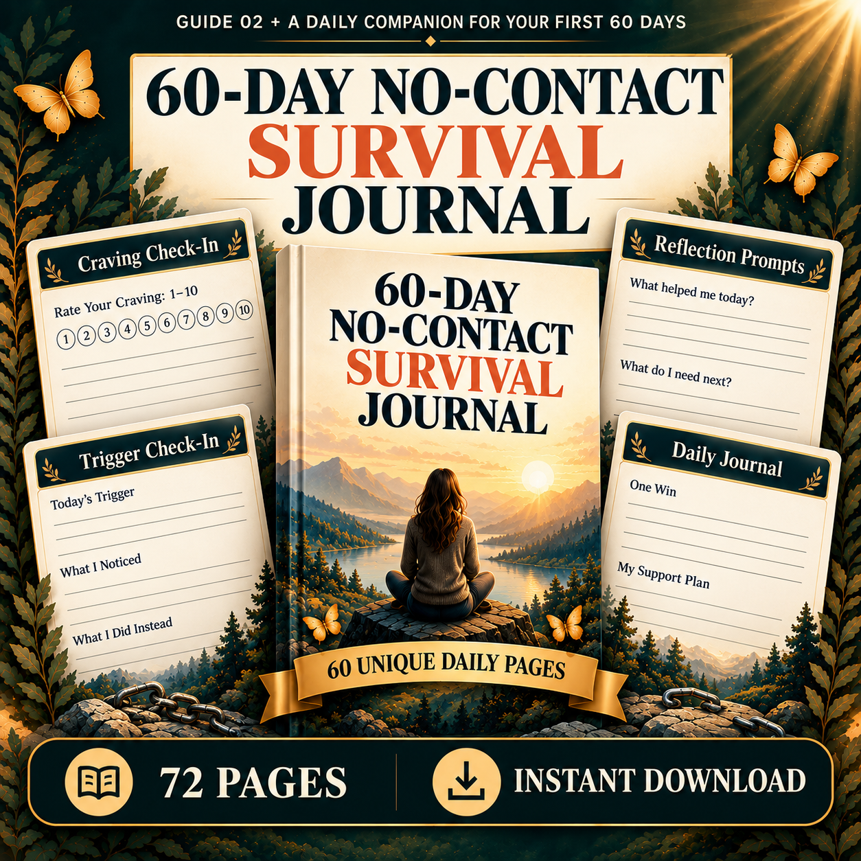 60-Day No-Contact Survival Journal daily pages with craving tracker and reflection prompts