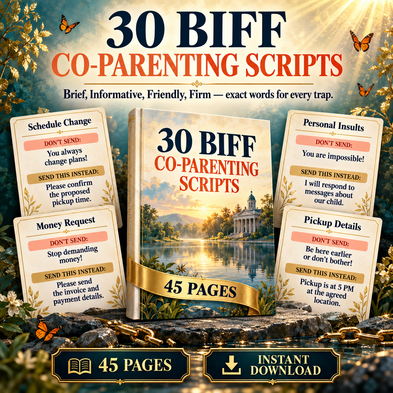 30 BIFF co-parenting scripts — exact words for every trap and provocation