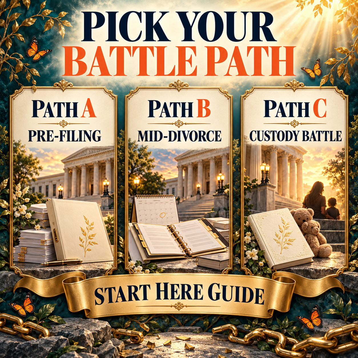 Three battle paths — pre-filing, mid-divorce, or custody battle, pick yours