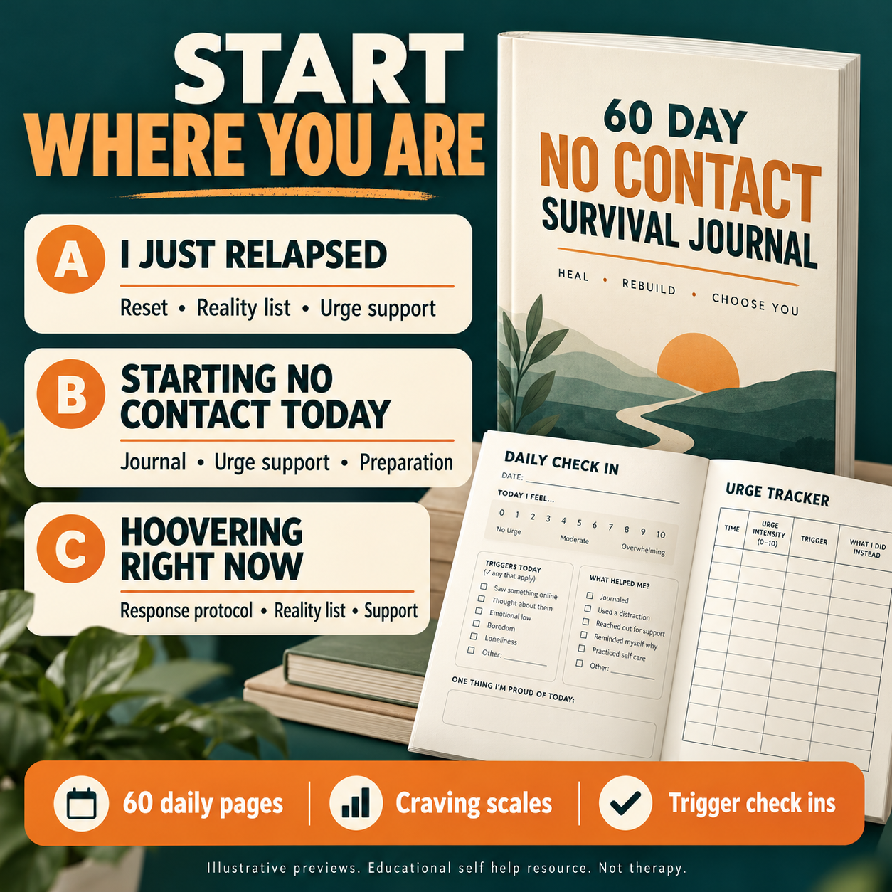 Three starting paths for relapse, beginning no contact and current hoovering, beside a 60 day journal with illustrative craving and trigger trackers.