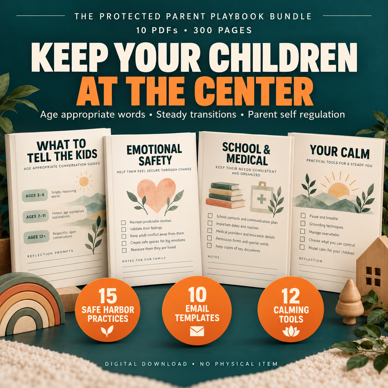 Four worksheet mockups covering age appropriate conversations, emotional safety, school and medical coordination, and parent regulation, with 15 safe harbor practices and 12 calming tools.