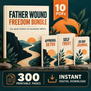 Father Wound Freedom Bundle with cream workbook mockups for adult children of narcissistic fathers, featuring 10 PDFs and 300 printable pages.