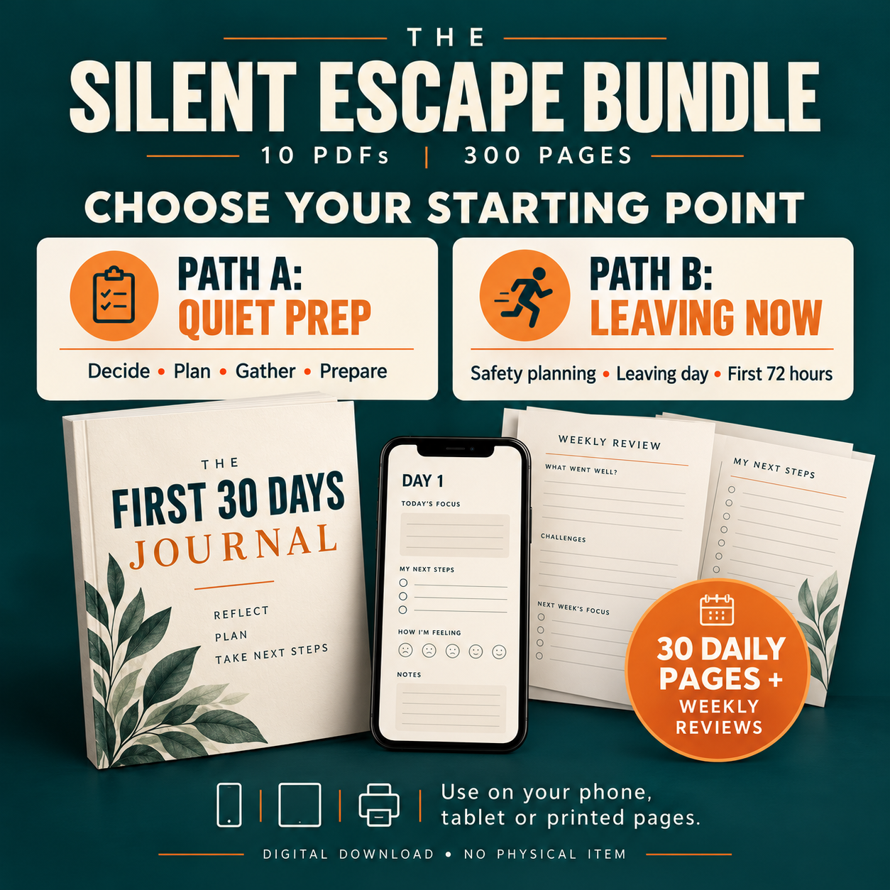 Silent Escape Bundle showing Quiet Prep and Leaving Now paths alongside a printable first 30 days journal, phone preview and weekly review worksheets.