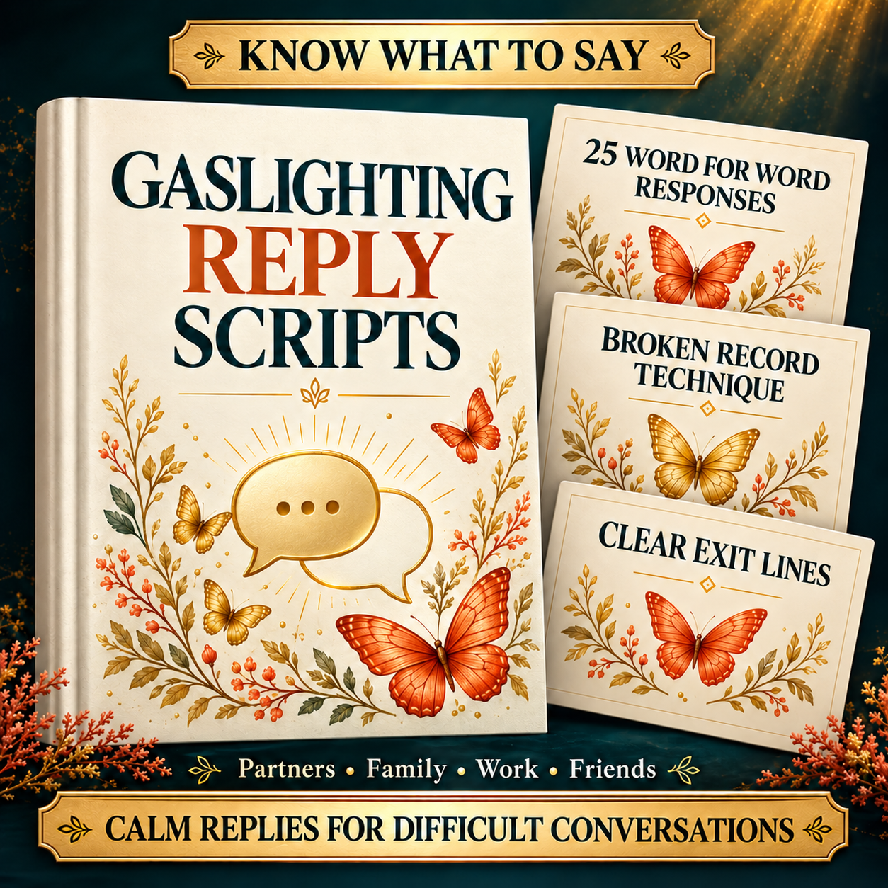 Three guided gaslighting recovery paths for ongoing manipulation, doubt after leaving and rebuilding confidence, beside a 90 Day Clarity Journal mockup.
