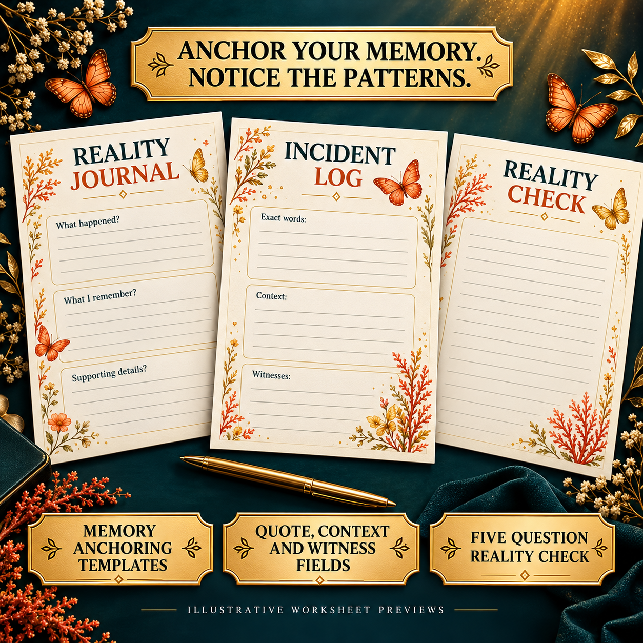 Ten printable PDF guide mockups covering gaslighting recognition, reality journaling, incident tracking, reply scripts, self trust and a 90 day clarity journal.