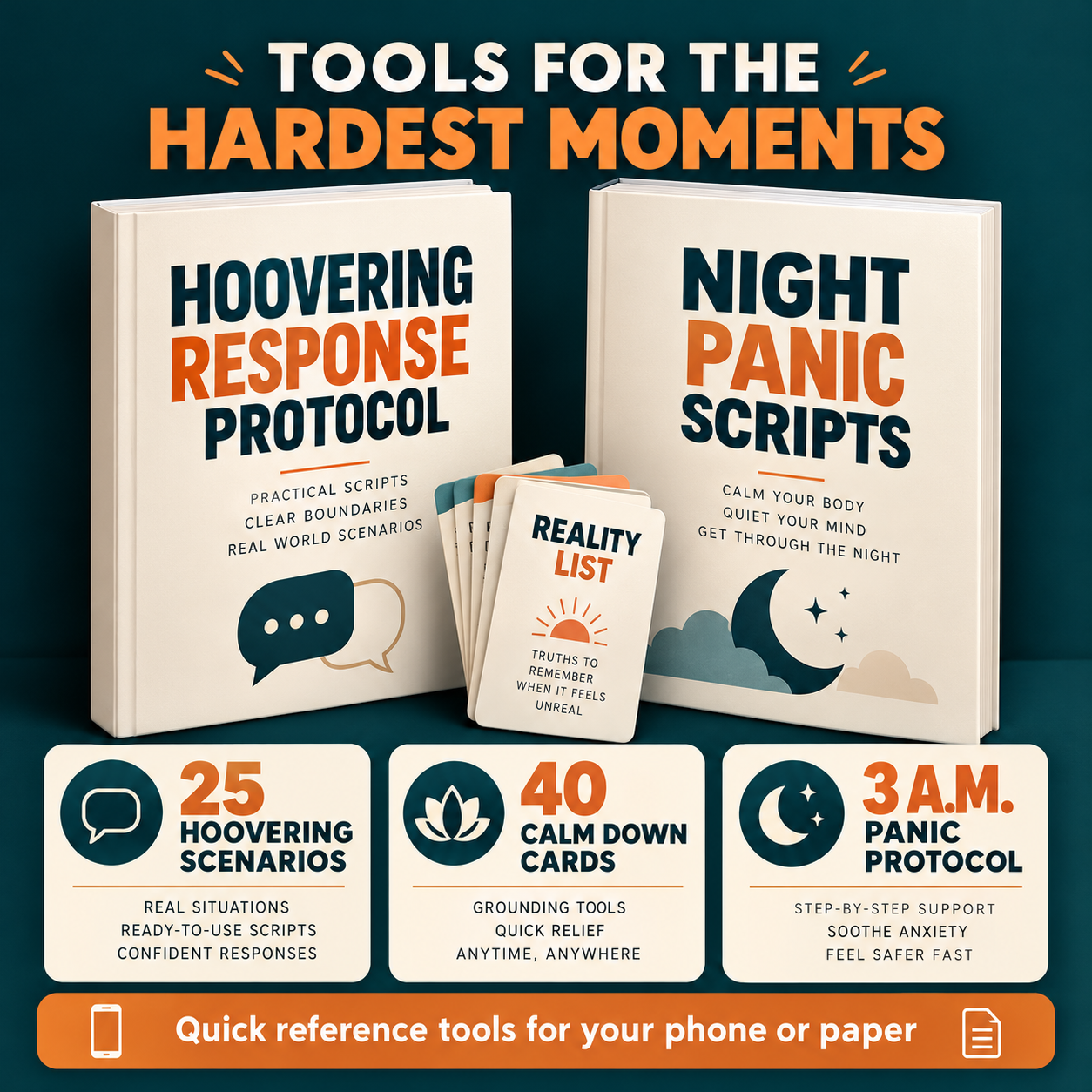 Hoovering Response Protocol and Night Panic Scripts with reality cards, 25 hoovering scenarios, 40 calm down cards and a 3 a.m. protocol.