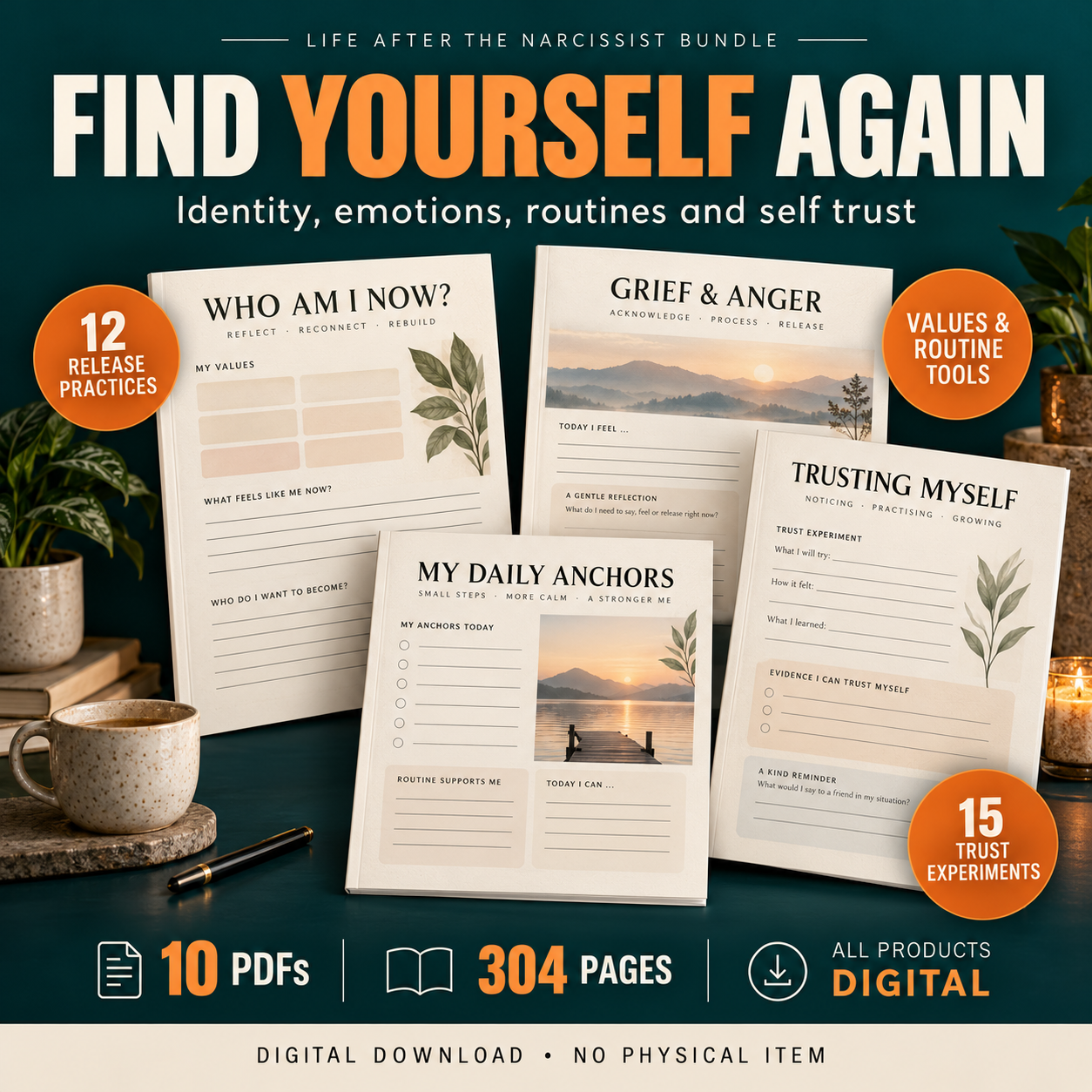 Four worksheet mockups for identity rebuilding, grief and anger, daily routines and self trust, highlighting 12 release practices and 15 trust experiments.