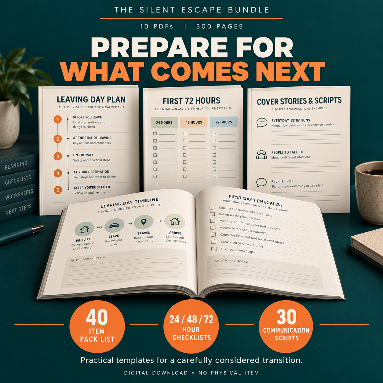 Open workbook with leaving day planning templates, first 72 hours checklists and communication scripts, featuring a 40 item packing list and 30 scripts.