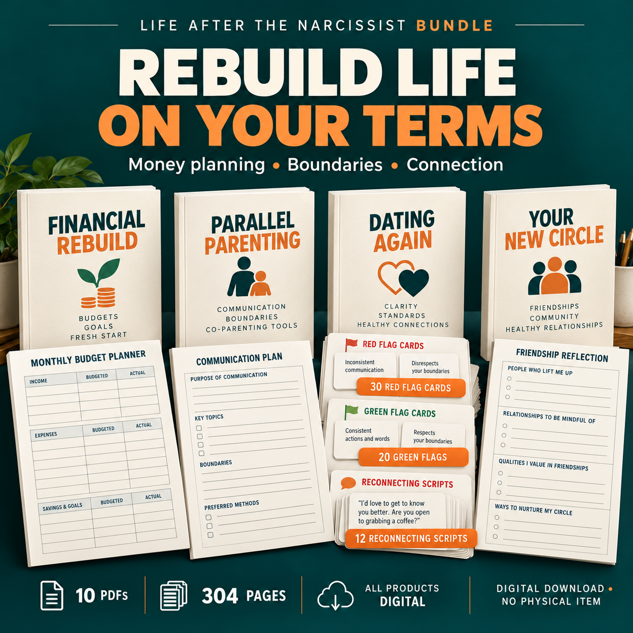 Financial rebuilding, parallel parenting, dating and friendship workbook mockups with budget sheets, communication planning, red flag cards and reconnecting scripts.