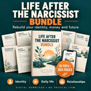 Life After the Narcissist Bundle with ivory workbook, worksheets and phone mockup on dark teal, featuring 10 printable PDFs and 304 pages.