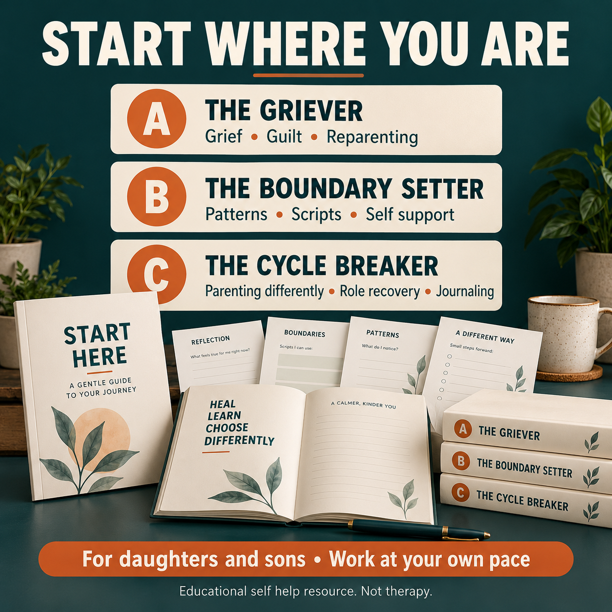 Three guided paths for grieving, setting boundaries and breaking family cycles, displayed with a Start Here guide and journal mockups.