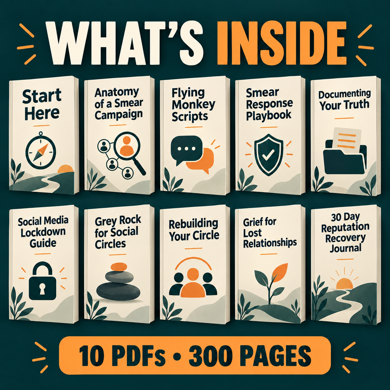 Ten PDF guide mockups covering smear campaigns, flying monkey scripts, responses, documentation, online privacy, grey rock, grief and rebuilding connections.