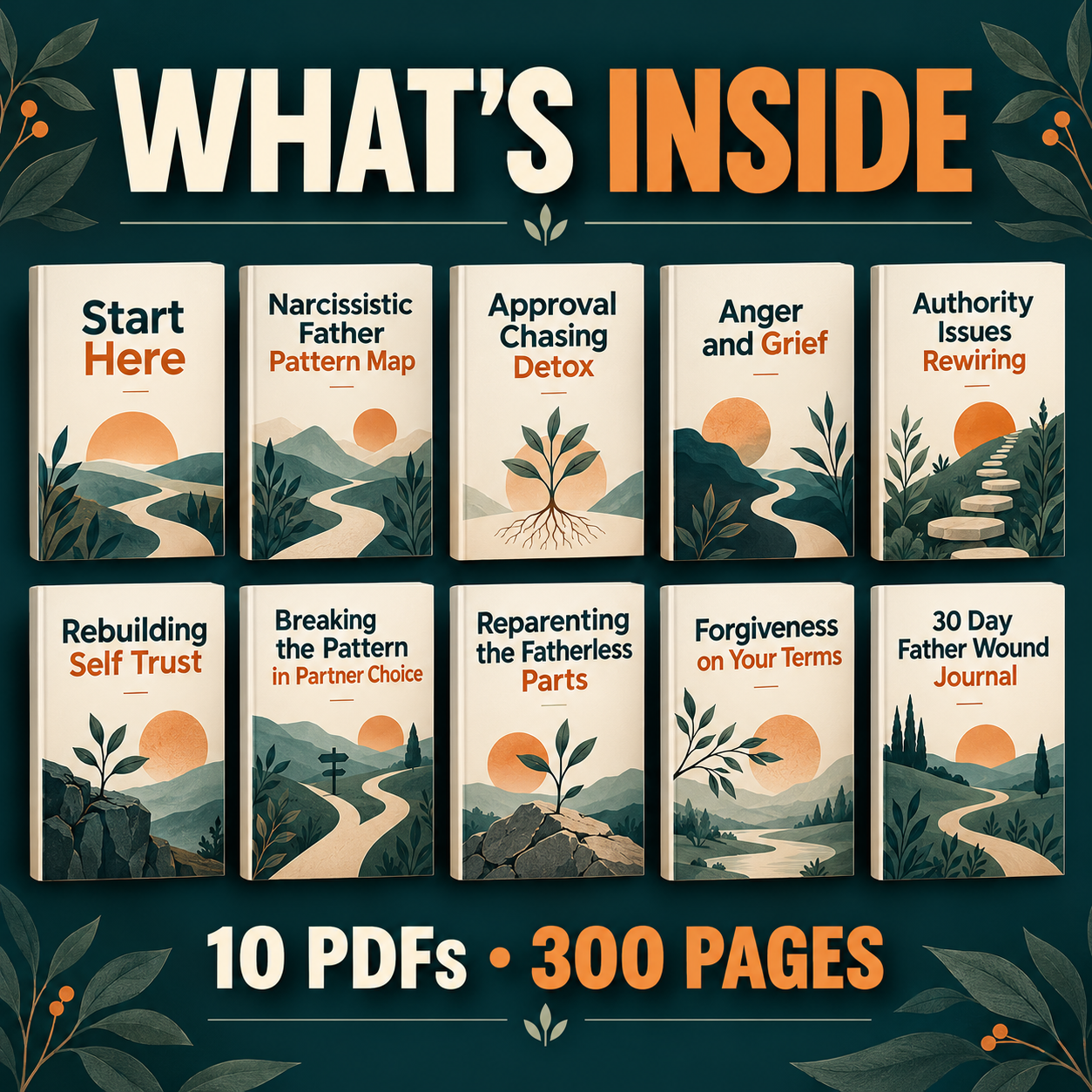 Ten PDF guide mockups covering father patterns, approval seeking, anger, grief, authority, self trust, partner choice, reparenting and forgiveness.