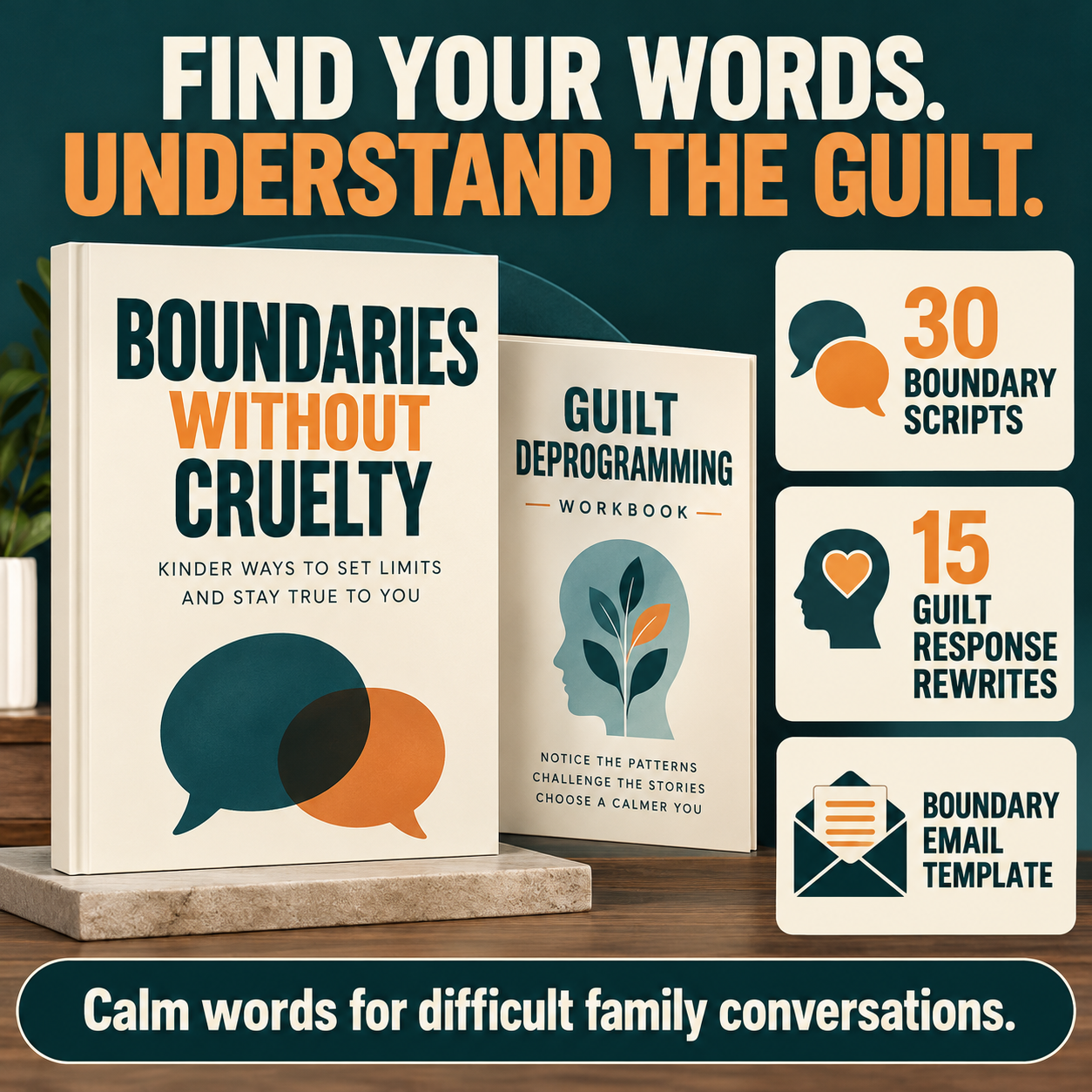 Boundary and guilt workbook mockups highlighting 30 boundary scripts, 15 guilt response rewrites and a boundary email template.