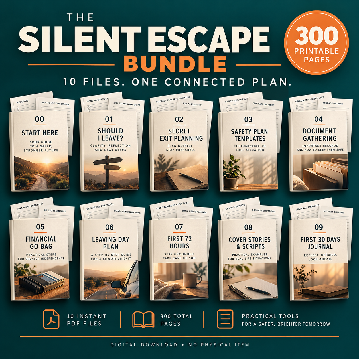 Ten printable PDF workbook mockups covering decision making, exit planning, safety templates, documents, finances, leaving day, communication and the first days after leaving.