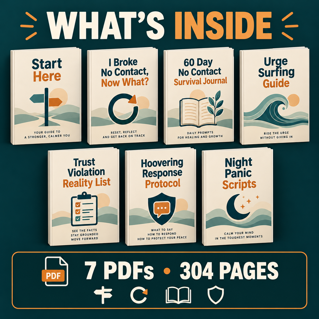 Three starting paths for relapse, beginning no contact and current hoovering, beside a 60 day journal with illustrative craving and trigger trackers.