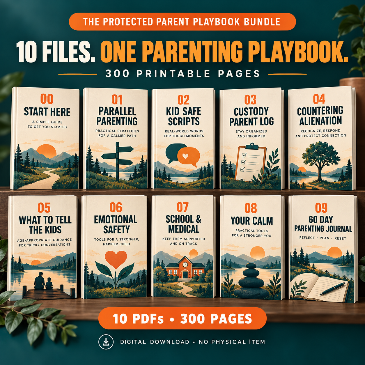Ten workbook mockups covering parallel parenting, communication scripts, custody records, alienation tactics, children’s emotional needs, school coordination, parent calm and journaling.