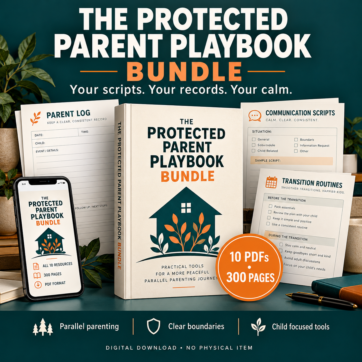 Coparenting With a Narcissist Protected Parent Bundle cover: The Protected Parent Playbook with parent log, communication scripts and transition routines