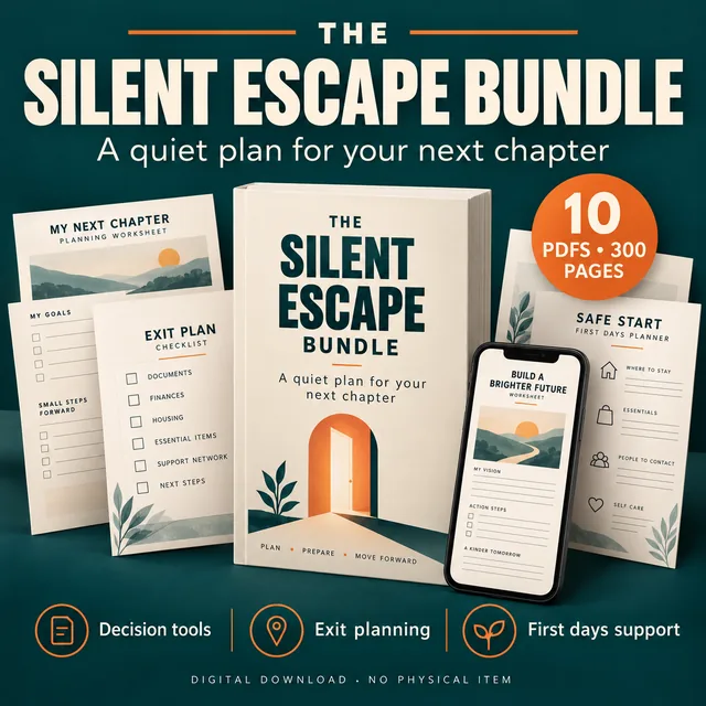 The Silent Escape Bundle cover: printable exit planning workbook for leaving a narcissist safely and quietly