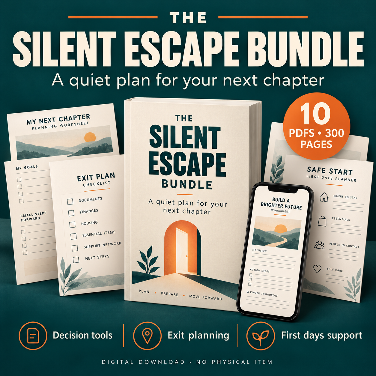 The Silent Escape Bundle cover: printable exit planning workbook for leaving a narcissist safely and quietly
