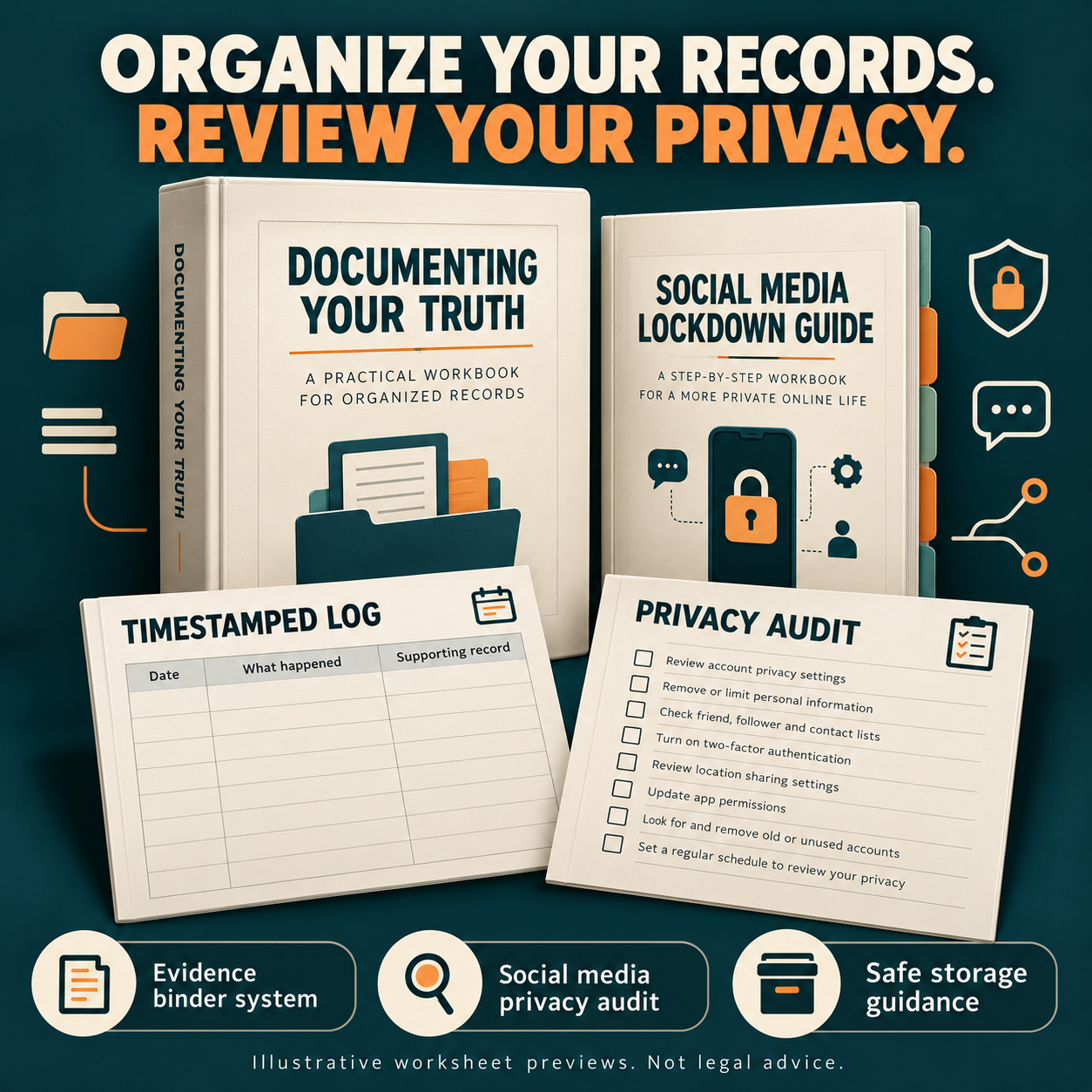 Documentation binder and Social Media Lockdown Guide with illustrative timestamped log and privacy audit worksheets, plus safe storage features.