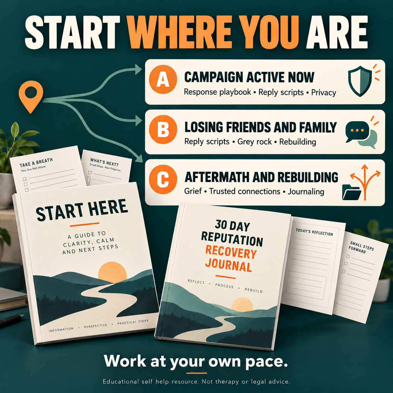 Three starting paths for an active smear campaign, losing relationships and rebuilding, alongside a Start Here guide and 30 Day Reputation Recovery Journal.