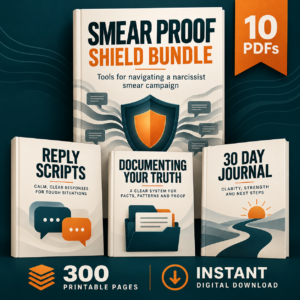 Smear Proof Shield Bundle with cream workbook mockups, a teal shield design, 10 PDFs and 300 printable pages for navigating a narcissist smear campaign.