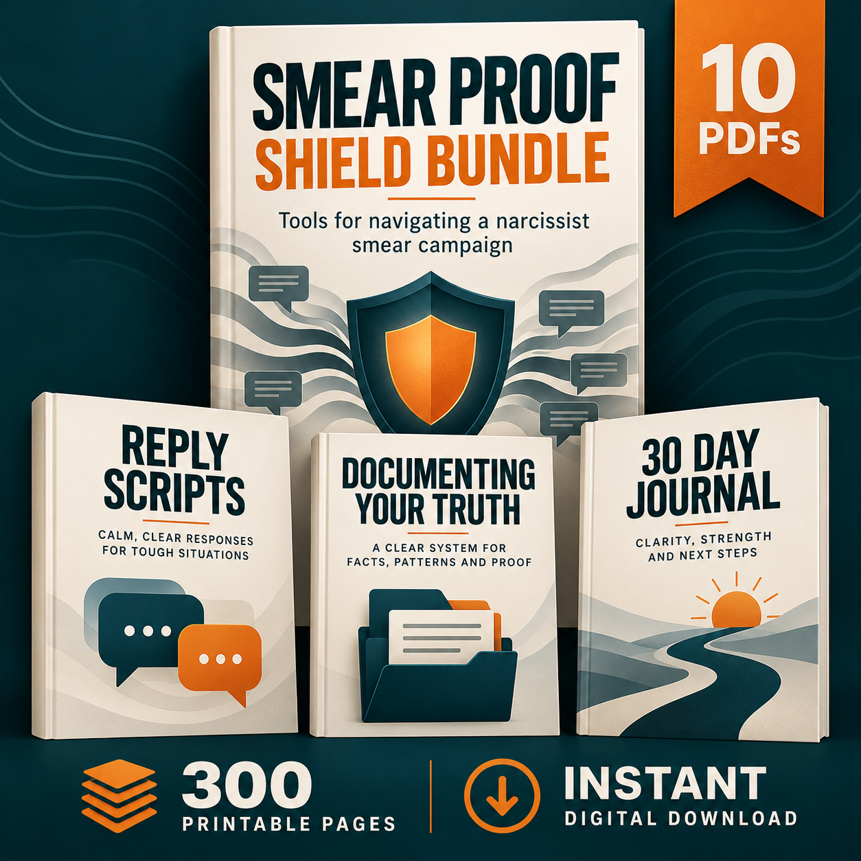 Smear Proof Shield Bundle cover: protect your reputation from a narcissist's lies, with flying monkey reply scripts
