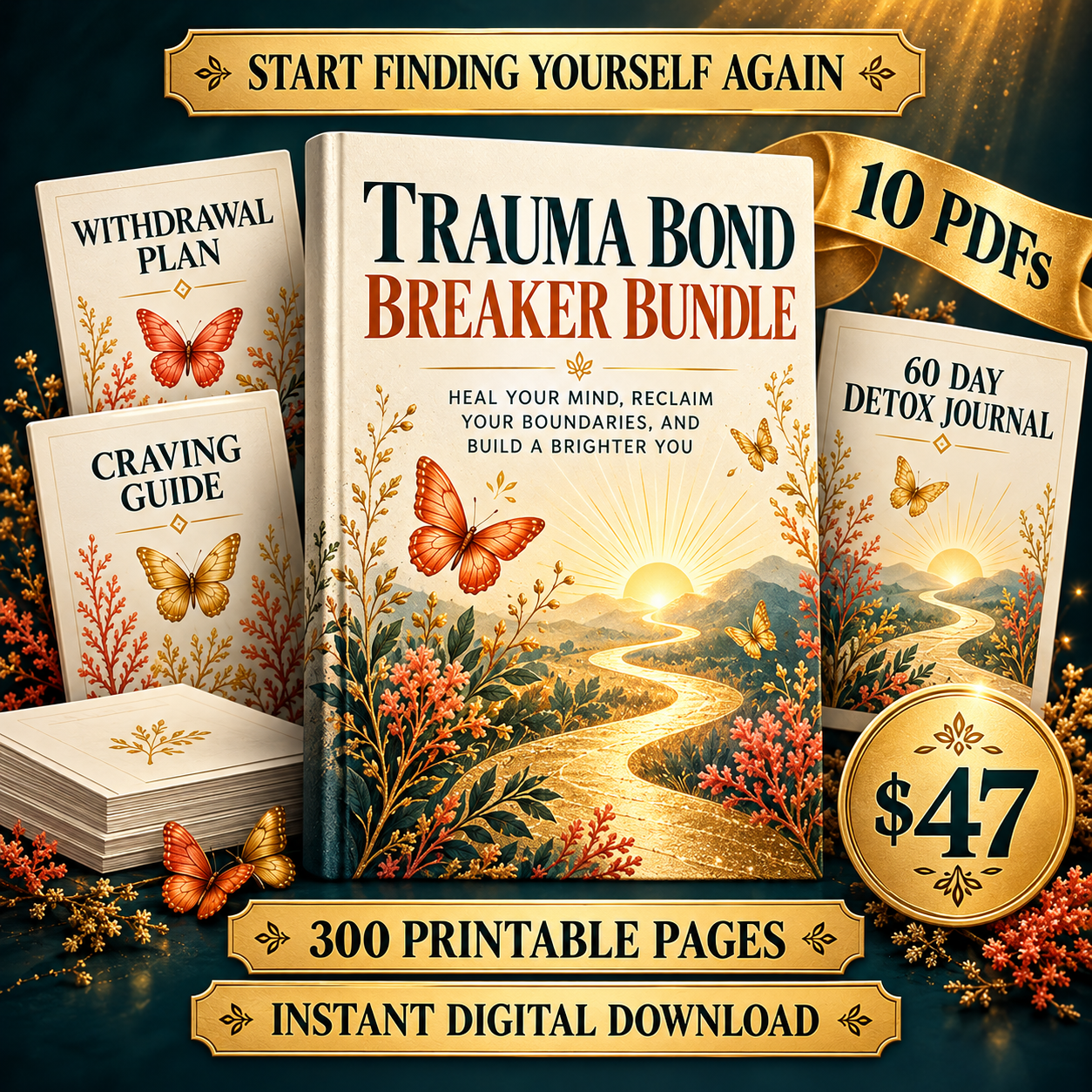 Trauma Bond Breaker Bundle cover: 10 printable PDFs with withdrawal plan, craving guide and 60 Day Detox Journal