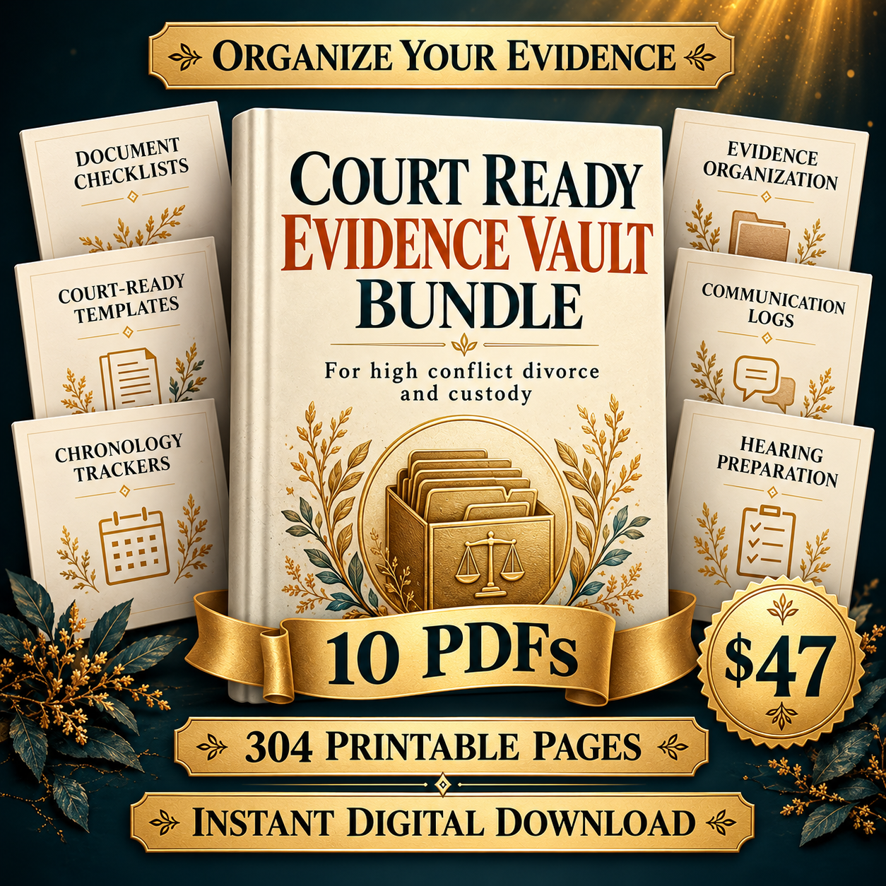 Court Ready Evidence Vault Bundle cover: 10 printable PDFs for documenting narcissistic abuse in family court