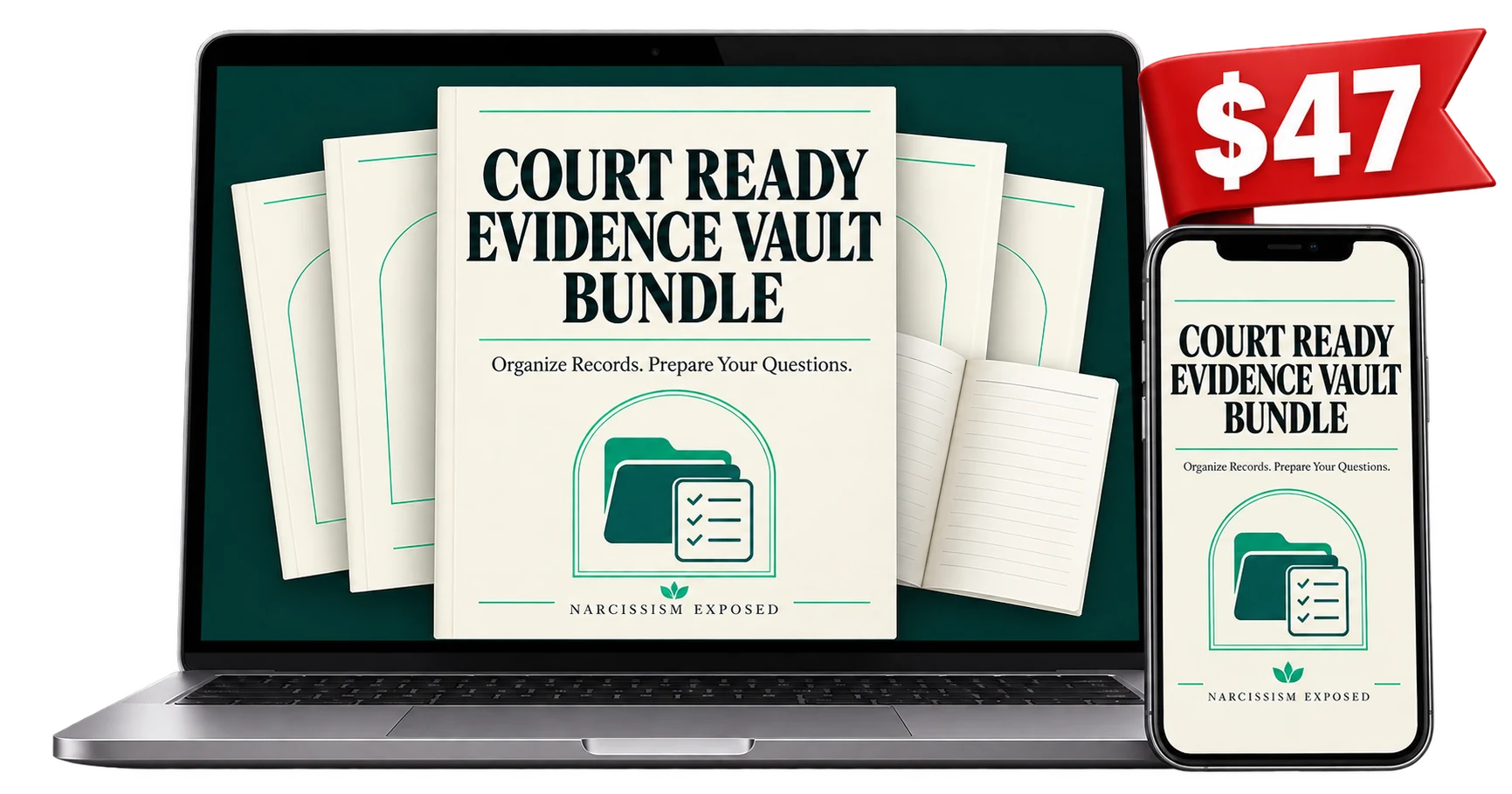 Court Ready Evidence Vault Bundle shown on a laptop and a phone, with a red $47 ribbon