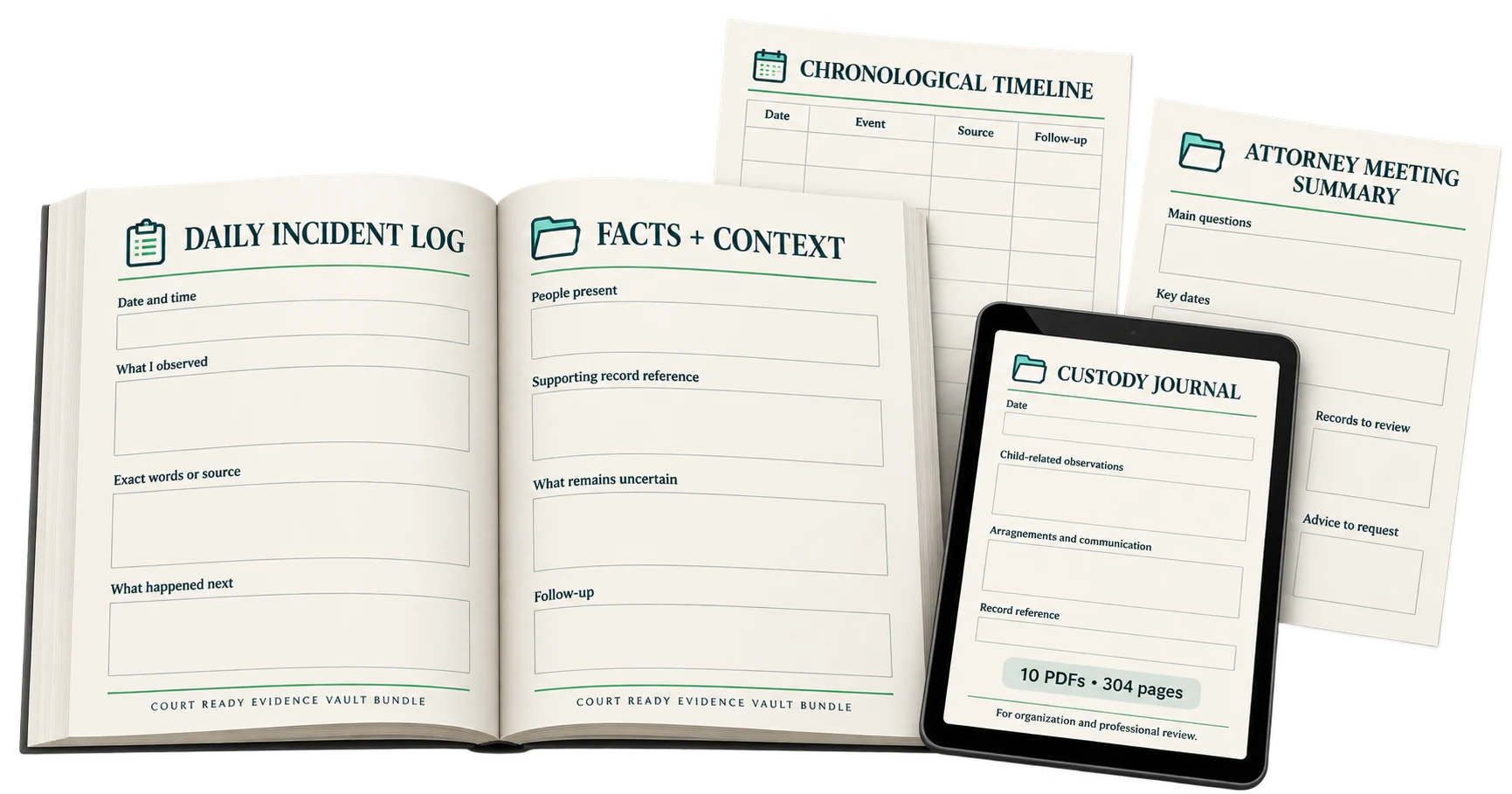 Open workbook spread showing the Daily Incident Log and Facts + Context pages, with a chronological timeline, attorney meeting summary and custody journal behind it