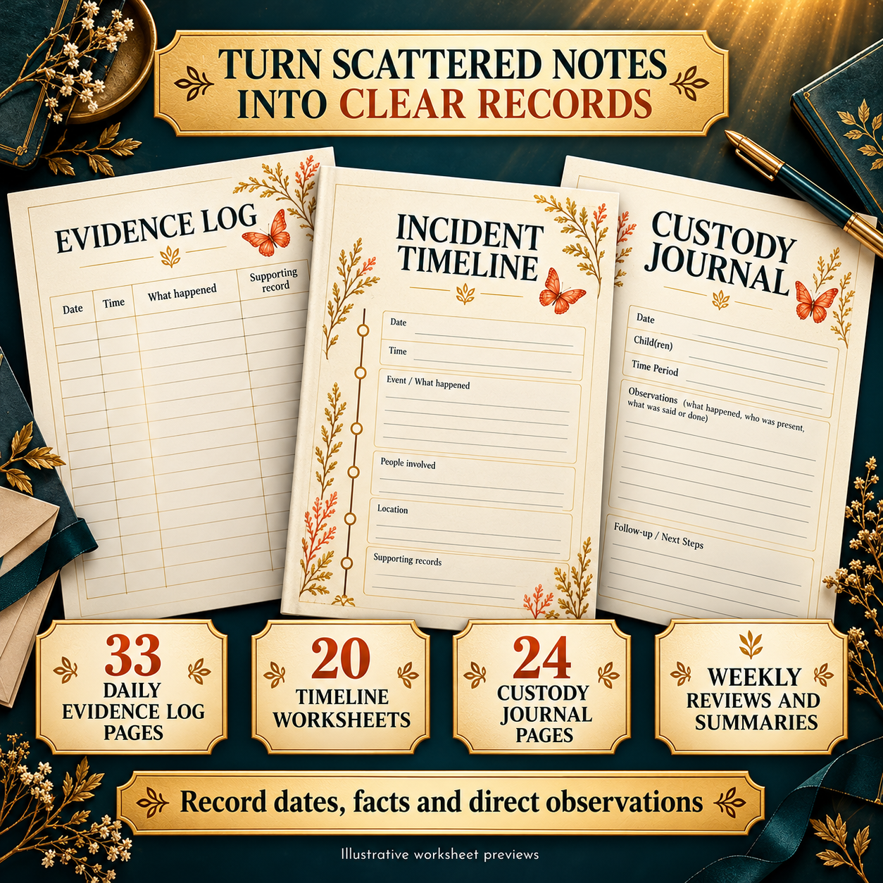 Illustrative evidence log, incident timeline and custody journal worksheets, with 33 daily log pages, 20 timeline worksheets and 24 custody pages.