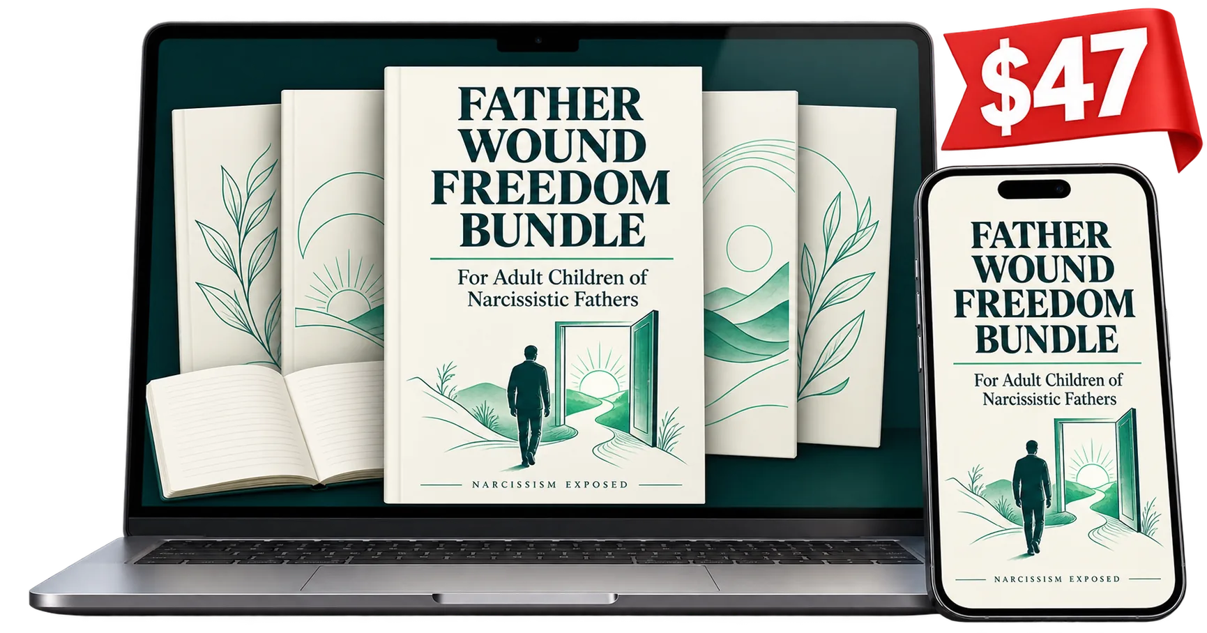 Father Wound Freedom Bundle, 10 PDFs and 300 pages, shown on a laptop and a phone