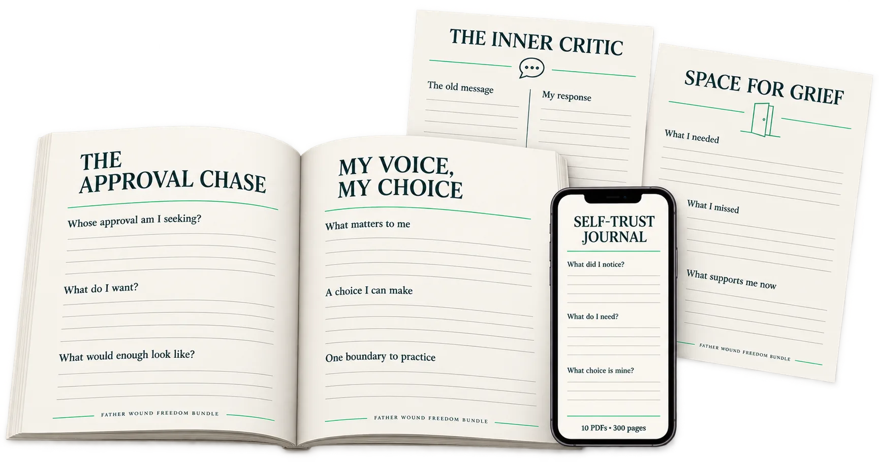 Inside the Father Wound Freedom Bundle: The Approval Chase and My Voice, My Choice workbook open, with The Inner Critic and Space for Grief worksheets, and the Self-Trust Journal on a phone