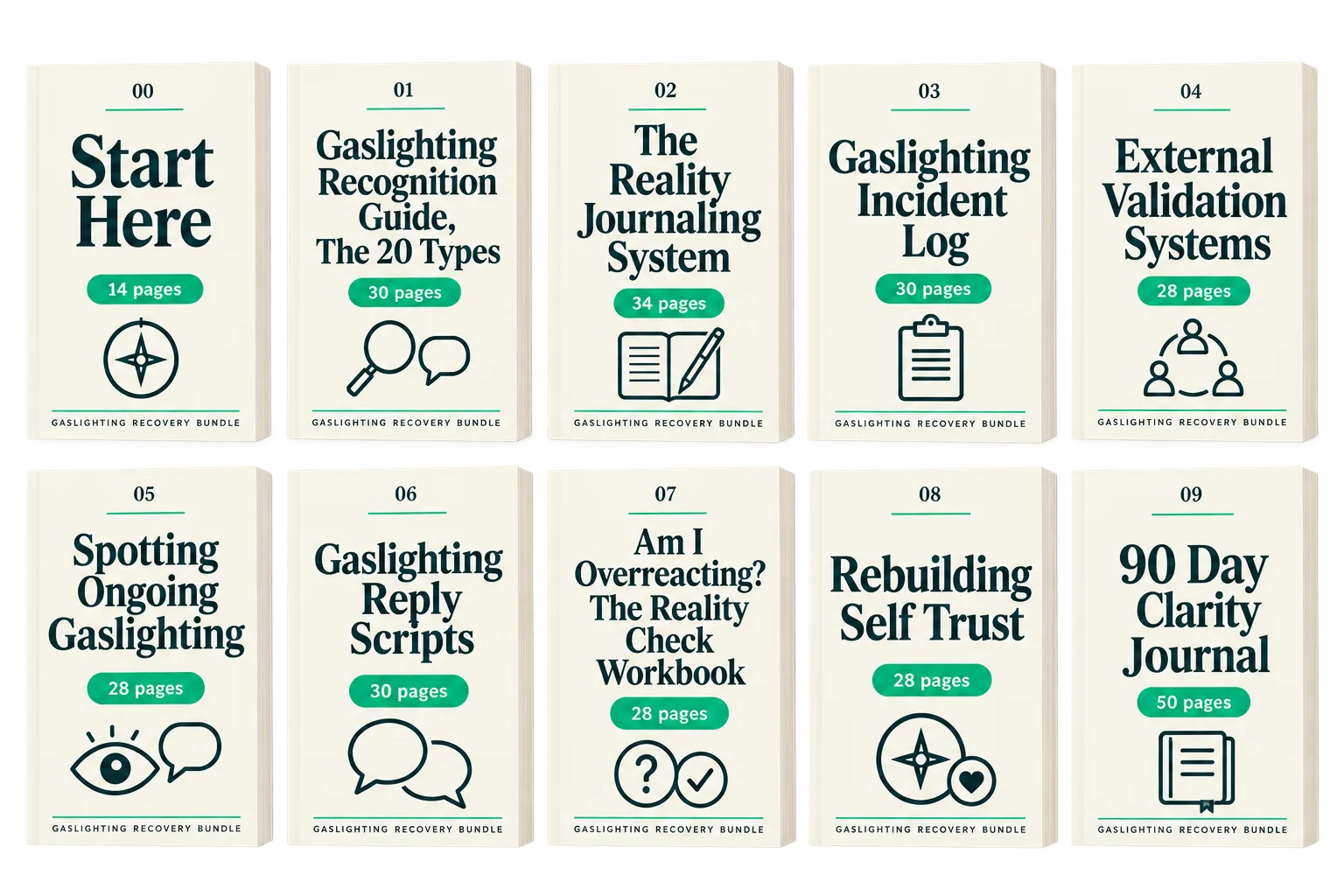 All 10 files of the Gaslighting Recovery Bundle: Start Here, Gaslighting Recognition Guide The 20 Types, The Reality Journaling System, Gaslighting Incident Log, External Validation Systems, Spotting Ongoing Gaslighting, Gaslighting Reply Scripts, Am I Overreacting The Reality Check Workbook, Rebuilding Self Trust, and the 90 Day Clarity Journal