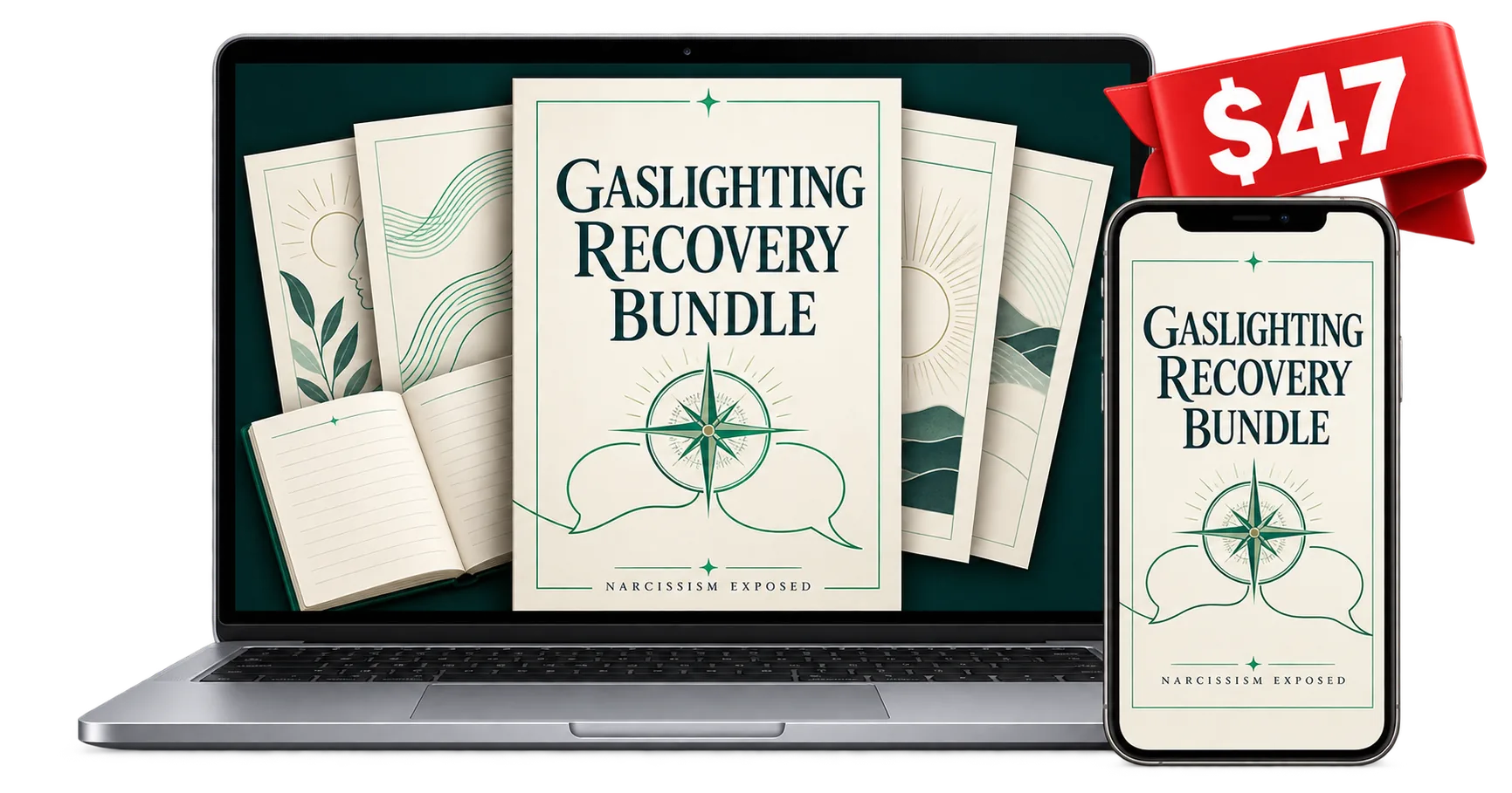 Gaslighting Recovery Bundle, 10 PDFs and 300 pages, shown on a laptop and a phone